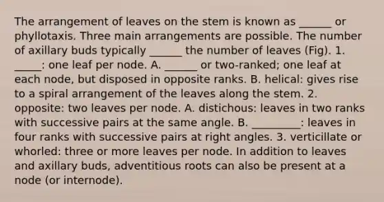 The arrangement of leaves on the stem is known as ______ or phyllotaxis. Three main arrangements are possible. The number of axillary buds typically ______ the number of leaves (Fig). 1. _____: one leaf per node. A. ______ or two-ranked; one leaf at each node, but disposed in opposite ranks. B. helical: gives rise to a spiral arrangement of the leaves along the stem. 2. opposite: two leaves per node. A. distichous: leaves in two ranks with successive pairs at the same angle. B. _________: leaves in four ranks with successive pairs at right angles. 3. verticillate or whorled: three or more leaves per node. In addition to leaves and axillary buds, adventitious roots can also be present at a node (or internode).