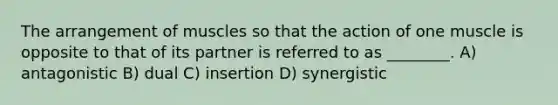 The arrangement of muscles so that the action of one muscle is opposite to that of its partner is referred to as ________. A) antagonistic B) dual C) insertion D) synergistic