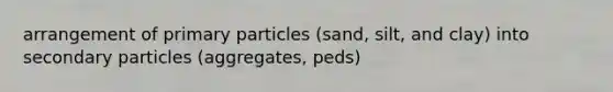 arrangement of primary particles (sand, silt, and clay) into secondary particles (aggregates, peds)