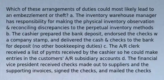 Which of these arrangements of duties could most likely lead to an embezzlement or theft? a. The inventory warehouse manager has responsibility for making the physical inventory observation & reconciling discrepancies to the perpetual inventory methods b. The cashier prepared the bank deposit, endorsed the checks w a company stamp, and delivered the cash & checks to the bank for deposit (no other bookkeeping duties) c. The A/R clerk received a list of pymts received by the cashier so he could make entries in the customers' A/R subsidiary accounts d. The financial vice president received checks made out to suppliers and the supporting invoices, signed the checks, and mailed the checks