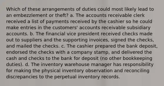 Which of these arrangements of duties could most likely lead to an embezzlement or theft? a. The accounts receivable clerk received a list of payments received by the cashier so he could make entries in the customers' accounts receivable subsidiary accounts. b. The financial vice president received checks made out to suppliers and the supporting invoices, signed the checks, and mailed the checks. c. The cashier prepared the bank deposit, endorsed the checks with a company stamp, and delivered the cash and checks to the bank for deposit (no other bookkeeping duties). d. The inventory warehouse manager has responsibility for making the physical inventory observation and reconciling discrepancies to the perpetual inventory records.