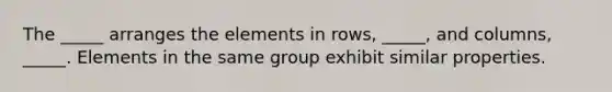 The _____ arranges the elements in rows, _____, and columns, _____. Elements in the same group exhibit similar properties.