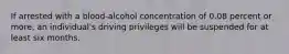 If arrested with a blood-alcohol concentration of 0.08 percent or more, an individual's driving privileges will be suspended for at least six months.