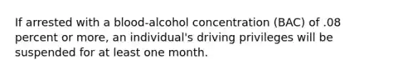 If arrested with a blood-alcohol concentration (BAC) of .08 percent or more, an individual's driving privileges will be suspended for at least one month.