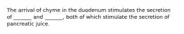 The arrival of chyme in the duodenum stimulates the secretion of _______ and _______, both of which stimulate the secretion of pancreatic juice.