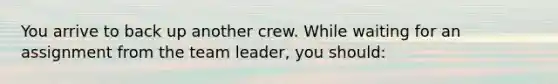 You arrive to back up another crew. While waiting for an assignment from the team leader, you should: