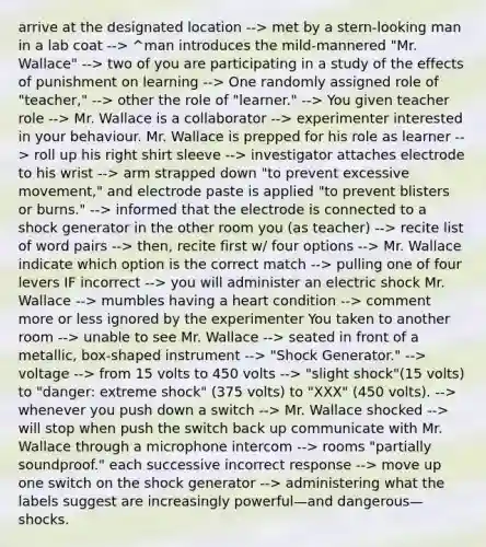 arrive at the designated location --> met by a stern-looking man in a lab coat --> ^man introduces the mild-mannered "Mr. Wallace" --> two of you are participating in a study of the effects of punishment on learning --> One randomly assigned role of "teacher," --> other the role of "learner." --> You given teacher role --> Mr. Wallace is a collaborator --> experimenter interested in your behaviour. Mr. Wallace is prepped for his role as learner --> roll up his right shirt sleeve --> investigator attaches electrode to his wrist --> arm strapped down "to prevent excessive movement," and electrode paste is applied "to prevent blisters or burns." --> informed that the electrode is connected to a shock generator in the other room you (as teacher) --> recite list of word pairs --> then, recite first w/ four options --> Mr. Wallace indicate which option is the correct match --> pulling one of four levers IF incorrect --> you will administer an electric shock Mr. Wallace --> mumbles having a heart condition --> comment more or less ignored by the experimenter You taken to another room --> unable to see Mr. Wallace --> seated in front of a metallic, box-shaped instrument --> "Shock Generator." --> voltage --> from 15 volts to 450 volts --> "slight shock"(15 volts) to "danger: extreme shock" (375 volts) to "XXX" (450 volts). --> whenever you push down a switch --> Mr. Wallace shocked --> will stop when push the switch back up communicate with Mr. Wallace through a microphone intercom --> rooms "partially soundproof." each successive incorrect response --> move up one switch on the shock generator --> administering what the labels suggest are increasingly powerful—and dangerous—shocks.