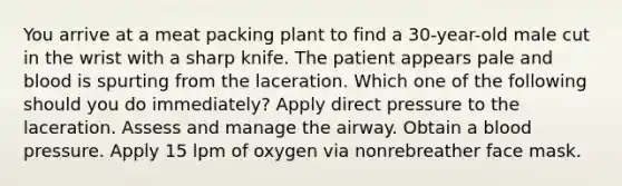 You arrive at a meat packing plant to find a 30-year-old male cut in the wrist with a sharp knife. The patient appears pale and blood is spurting from the laceration. Which one of the following should you do immediately? Apply direct pressure to the laceration. Assess and manage the airway. Obtain a blood pressure. Apply 15 lpm of oxygen via nonrebreather face mask.