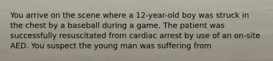 You arrive on the scene where a 12-year-old boy was struck in the chest by a baseball during a game. The patient was successfully resuscitated from cardiac arrest by use of an on-site AED. You suspect the young man was suffering from