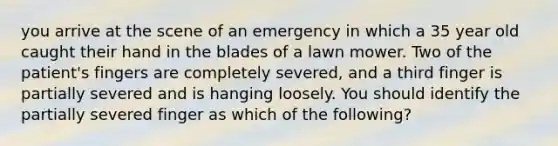 you arrive at the scene of an emergency in which a 35 year old caught their hand in the blades of a lawn mower. Two of the patient's fingers are completely severed, and a third finger is partially severed and is hanging loosely. You should identify the partially severed finger as which of the following?