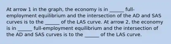 At arrow 1 in the​ graph, the economy is in​ ______ full- employment equilibrium and the intersection of the AD and SAS curves is to the​ ______ of the LAS curve. At arrow​ 2, the economy is in​ ______ full-employment equilibrium and the intersection of the AD and SAS curves is to the​ ______ of the LAS curve.