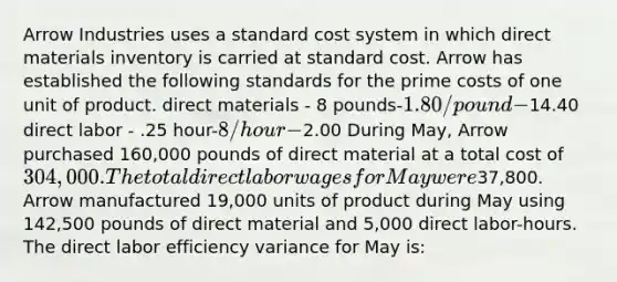 Arrow Industries uses a standard cost system in which direct materials inventory is carried at standard cost. Arrow has established the following standards for the prime costs of one unit of product. direct materials - 8 pounds-1.80/pound-14.40 direct labor - .25 hour-8/hour-2.00 During May, Arrow purchased 160,000 pounds of direct material at a total cost of 304,000. The total direct labor wages for May were37,800. Arrow manufactured 19,000 units of product during May using 142,500 pounds of direct material and 5,000 direct labor-hours. The direct labor efficiency variance for May is: