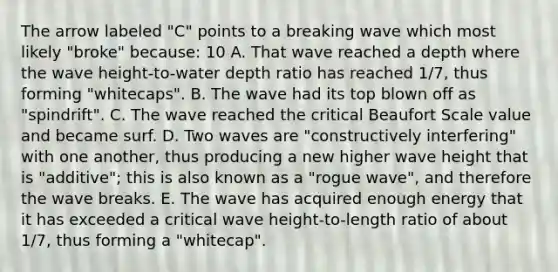 The arrow labeled "C" points to a breaking wave which most likely "broke" because: 10 A. That wave reached a depth where the wave height-to-water depth ratio has reached 1/7, thus forming "whitecaps". B. The wave had its top blown off as "spindrift". C. The wave reached the critical Beaufort Scale value and became surf. D. Two waves are "constructively interfering" with one another, thus producing a new higher wave height that is "additive"; this is also known as a "rogue wave", and therefore the wave breaks. E. The wave has acquired enough energy that it has exceeded a critical wave height-to-length ratio of about 1/7, thus forming a "whitecap".