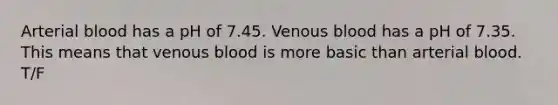 Arterial blood has a pH of 7.45. Venous blood has a pH of 7.35. This means that venous blood is more basic than arterial blood. T/F