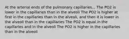 At the arterial ends of the pulmonary capillaries... The PO2 is lower in the capillaries than in the alveoli The PO2 is higher at first in the capillaries than in the alveoli, and then it is lower in the alveoli than in the capillaries The PO2 is equal in the capillaries and in the alveoli The PO2 is higher in the capillaries than in the alveoli