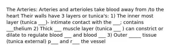 The Arteries: Arteries and arterioles take blood away from /to the heart Their walls have 3 layers or tunica's: 1) The inner most layer (tunica ___)- intimate contact with the ___; contains ___thelium 2) Thick ___ muscle layer (tunica ___ ) can constrict or dilate to regulate blood ___ and blood ___ 3) Outer _____ tissue (tunica external) p___ and r___ the vessel