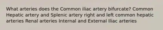 What arteries does the Common iliac artery bifurcate? Common Hepatic artery and Splenic artery right and left common hepatic arteries Renal arteries Internal and External Iliac arteries