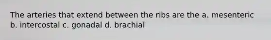 The arteries that extend between the ribs are the a. mesenteric b. intercostal c. gonadal d. brachial