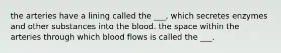 the arteries have a lining called the ___, which secretes enzymes and other substances into the blood. the space within the arteries through which blood flows is called the ___.