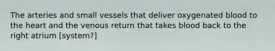 The arteries and small vessels that deliver oxygenated blood to the heart and the venous return that takes blood back to the right atrium [system?]