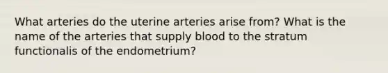 What arteries do the uterine arteries arise from? What is the name of the arteries that supply blood to the stratum functionalis of the endometrium?