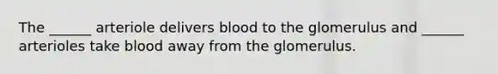 The ______ arteriole delivers blood to the glomerulus and ______ arterioles take blood away from the glomerulus.