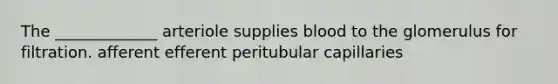 The _____________ arteriole supplies blood to the glomerulus for filtration. afferent efferent peritubular capillaries