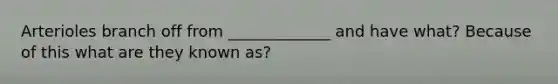 Arterioles branch off from _____________ and have what? Because of this what are they known as?