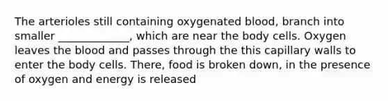 The arterioles still containing oxygenated blood, branch into smaller _____________, which are near the body cells. Oxygen leaves the blood and passes through the this capillary walls to enter the body cells. There, food is broken down, in the presence of oxygen and energy is released