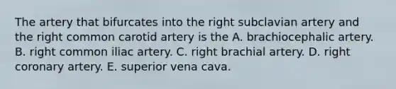 The artery that bifurcates into the right subclavian artery and the right common carotid artery is the A. brachiocephalic artery. B. right common iliac artery. C. right brachial artery. D. right coronary artery. E. superior vena cava.