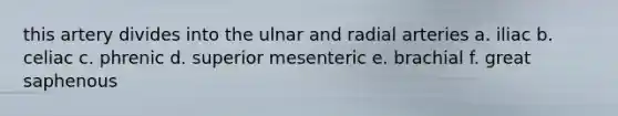 this artery divides into the ulnar and radial arteries a. iliac b. celiac c. phrenic d. superior mesenteric e. brachial f. great saphenous