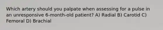 Which artery should you palpate when assessing for a pulse in an unresponsive 6-month-old patient? A) Radial B) Carotid C) Femoral D) Brachial