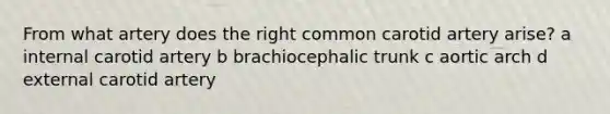 From what artery does the right common carotid artery arise? a internal carotid artery b brachiocephalic trunk c aortic arch d external carotid artery