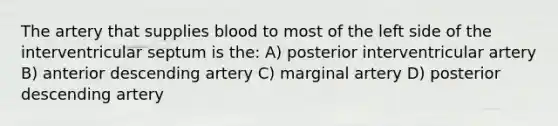 The artery that supplies blood to most of the left side of the interventricular septum is the: A) posterior interventricular artery B) anterior descending artery C) marginal artery D) posterior descending artery