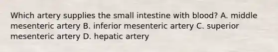 Which artery supplies the small intestine with blood? A. middle mesenteric artery B. inferior mesenteric artery C. superior mesenteric artery D. hepatic artery