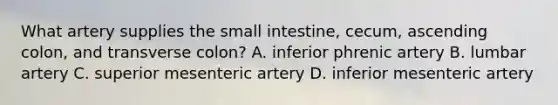 What artery supplies the small intestine, cecum, ascending colon, and transverse colon? A. inferior phrenic artery B. lumbar artery C. superior mesenteric artery D. inferior mesenteric artery