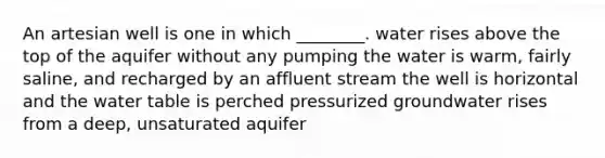 An artesian well is one in which ________. water rises above the top of the aquifer without any pumping the water is warm, fairly saline, and recharged by an affluent stream the well is horizontal and the water table is perched pressurized groundwater rises from a deep, unsaturated aquifer