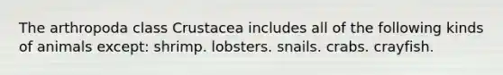 The arthropoda class Crustacea includes all of the following kinds of animals except: shrimp. lobsters. snails. crabs. crayfish.