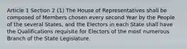 Article 1 Section 2 (1) The House of Representatives shall be composed of Members chosen every second Year by the People of the several States, and the Electors in each State shall have the Qualifications requisite for Electors of the most numerous Branch of the State Legislature.