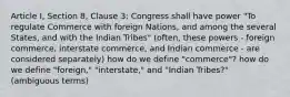 Article I, Section 8, Clause 3: Congress shall have power "To regulate Commerce with foreign Nations, and among the several States, and with the Indian Tribes" (often, these powers - foreign commerce, interstate commerce, and Indian commerce - are considered separately) how do we define "commerce"? how do we define "foreign," "interstate," and "Indian Tribes?" (ambiguous terms)