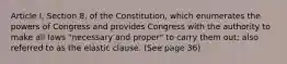 Article I, Section 8, of the Constitution, which enumerates the powers of Congress and provides Congress with the authority to make all laws "necessary and proper" to carry them out; also referred to as the elastic clause. (See page 36)