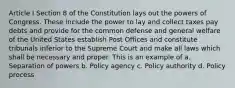 Article I Section 8 of the Constitution lays out the powers of Congress. These include the power to lay and collect taxes pay debts and provide for the common defense and general welfare of the United States establish Post Offices and constitute tribunals inferior to the Supreme Court and make all laws which shall be necessary and proper. This is an example of a. Separation of powers b. Policy agency c. Policy authority d. Policy process