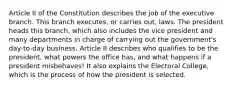 Article II of the Constitution describes the job of the executive branch. This branch executes, or carries out, laws. The president heads this branch, which also includes the vice president and many departments in charge of carrying out the government's day-to-day business. Article II describes who qualifies to be the president, what powers the office has, and what happens if a president misbehaves! It also explains the Electoral College, which is the process of how the president is selected.