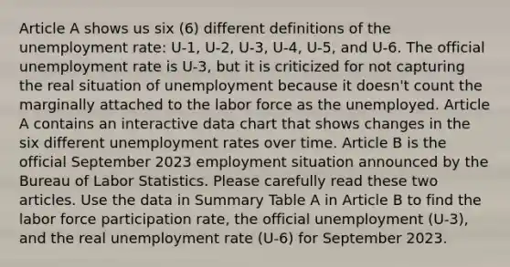 Article A shows us six (6) different definitions of the unemployment rate: U-1, U-2, U-3, U-4, U-5, and U-6. The official unemployment rate is U-3, but it is criticized for not capturing the real situation of unemployment because it doesn't count the marginally attached to the labor force as the unemployed. Article A contains an interactive data chart that shows changes in the six different unemployment rates over time. Article B is the official September 2023 employment situation announced by the Bureau of Labor Statistics. Please carefully read these two articles. Use the data in Summary Table A in Article B to find the labor force participation rate, the official unemployment (U-3), and the real unemployment rate (U-6) for September 2023.