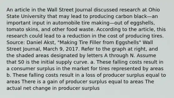 An article in the Wall Street Journal discussed research at Ohio State University that may lead to producing carbon black—an important input in automobile tire making—out of​ eggshells, tomato​ skins, and other food waste. According to the​ article, this research could lead to a reduction in the cost of producing tires. ​Source: Daniel​ Akst, "Making Tire Filler from​ Eggshells" Wall Street Journal​, March​ 9, 2017. Refer to the graph at​ right, and the shaded areas designated by letters A through N. Assume that S0 is the initial supply curve. a. These falling costs result in a <a href='https://www.questionai.com/knowledge/k77rlOEdsf-consumer-surplus' class='anchor-knowledge'>consumer surplus</a> in the market for tires represented by areas b. These falling costs result in a loss of producer surplus equal to areas There is a gain of producer surplus equal to areas The actual net change in producer surplus