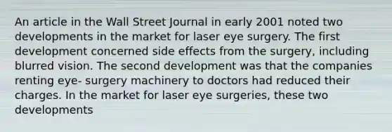 An article in the Wall Street Journal in early 2001 noted two developments in the market for laser eye surgery. The first development concerned side effects from the surgery, including blurred vision. The second development was that the companies renting eye- surgery machinery to doctors had reduced their charges. In the market for laser eye surgeries, these two developments