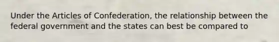 Under <a href='https://www.questionai.com/knowledge/k5NDraRCFC-the-articles-of-confederation' class='anchor-knowledge'>the articles of confederation</a>, the relationship between the federal government and the states can best be compared to