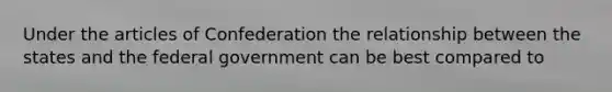 Under <a href='https://www.questionai.com/knowledge/k5NDraRCFC-the-articles-of-confederation' class='anchor-knowledge'>the articles of confederation</a> the relationship between the states and the federal government can be best compared to