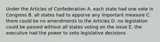 Under <a href='https://www.questionai.com/knowledge/k5NDraRCFC-the-articles-of-confederation' class='anchor-knowledge'>the articles of confederation</a> A. each state had one vote in Congress B. all states had to apporve any important measure C. there could be no amendments to the Articles D. no legislation could be passed without all states voting on the issue E. the executive had the power to veto legislative decisions