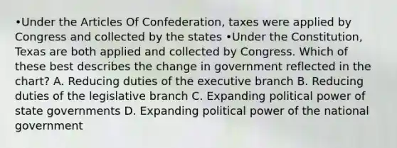 •Under the Articles Of Confederation, taxes were applied by Congress and collected by the states •Under the Constitution, Texas are both applied and collected by Congress. Which of these best describes the change in government reflected in the chart? A. Reducing duties of the executive branch B. Reducing duties of the legislative branch C. Expanding political power of state governments D. Expanding political power of the national government